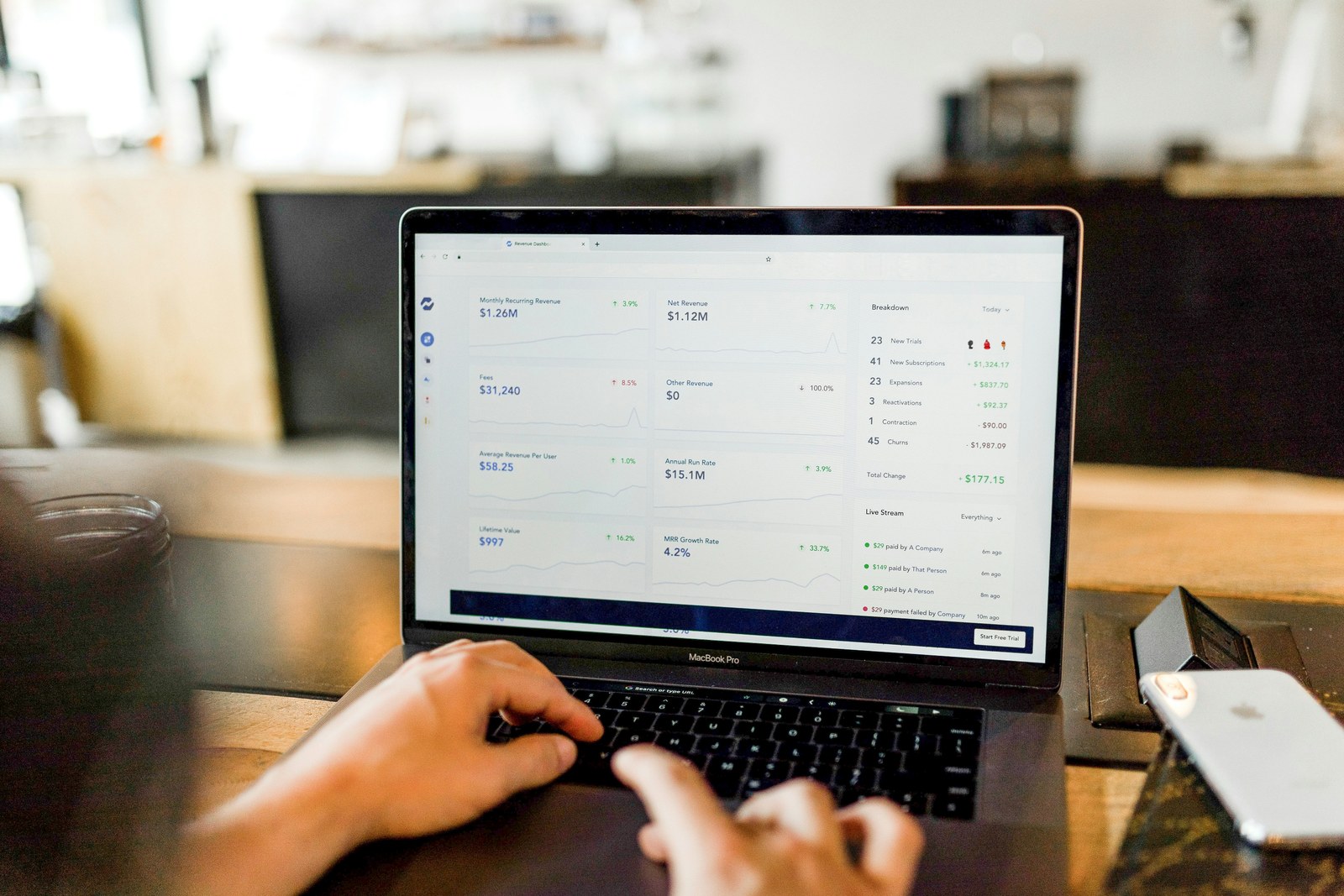Revenue dashboard open on a laptop showing monthly recurring revenue and key metrics